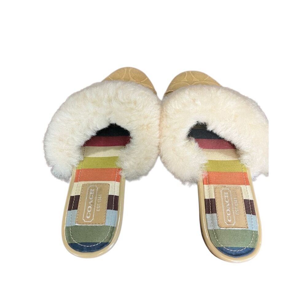 Coach Carra Sand Suede Signature C Embossed Sheep Fur Slippers Slides A0024 Size - Picture 2 of 9